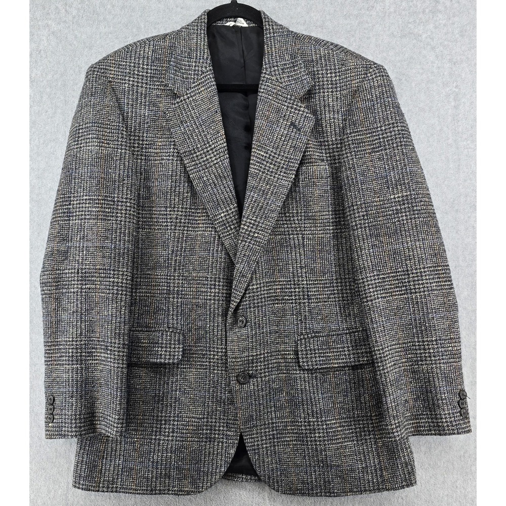 HAGGAR Blazer‎ 44R Gentleman's Fit Imperial Gray Blue Glen Plaid Silk Sport Coat